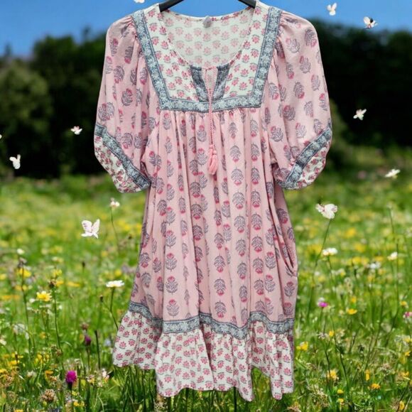 Old Navy Peasant Tunic Dress Womens Large Pink Floral Tassels Cottagecore Boho - Picture 1 of 11